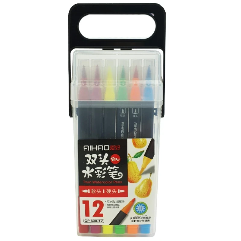 Фломастери двосторонні Aihao AH-CP-600-12, пензлик м'який/жорсткий, 12 кол, фото 1