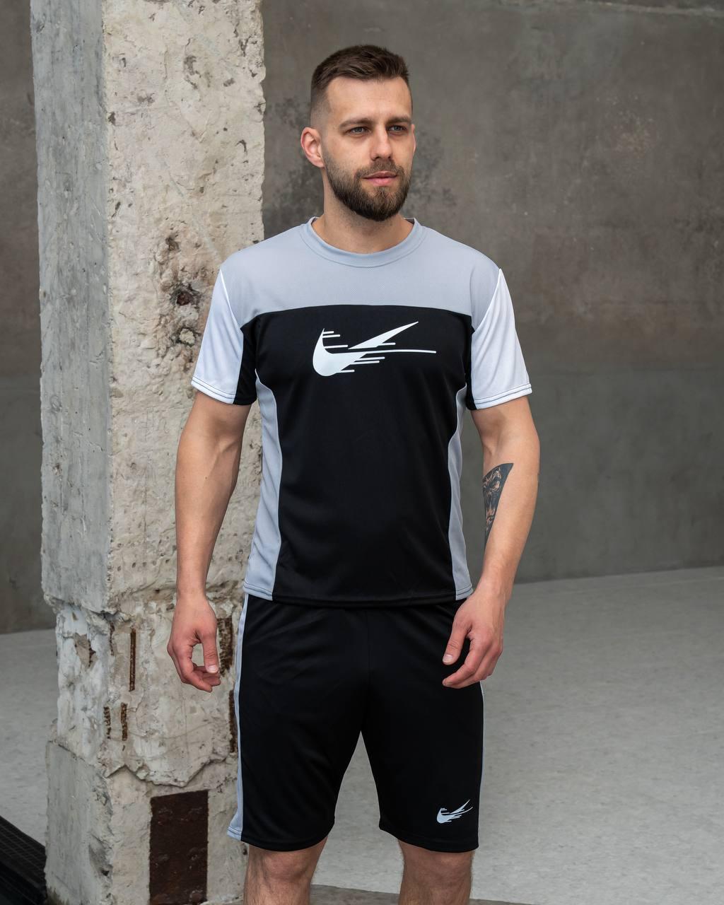 Чоловічий літній костюм Nike Футболка + Шорти сірий із чорним Комплект Найк на літо