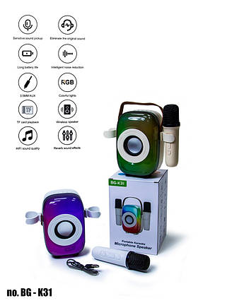 Портативна колонка з двома караоке мікрофонами BG-K31 Bluetooth, HiFi, USB, microSD, AUX, Type-C, фото 1