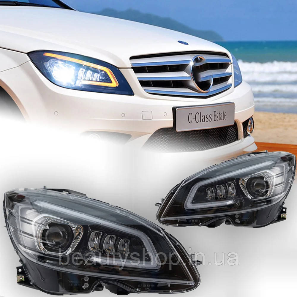 Передні світлодіодні фари для Mercedes-Benz C-Class W204 (2007–2010), з проекційними лінзами, DRL та динамічними покажчиками, фото 1