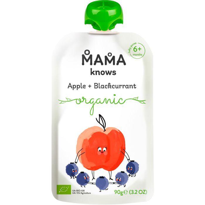 Пюре фруктово-ягідне Mama knows Органічні Яблука та чорна смородина, без цукру від 6 місяців,пауч 90г.