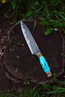 Ніж шеф ручної роботи із ламінованого дамаску «Льодовий #1», 60 HRC.