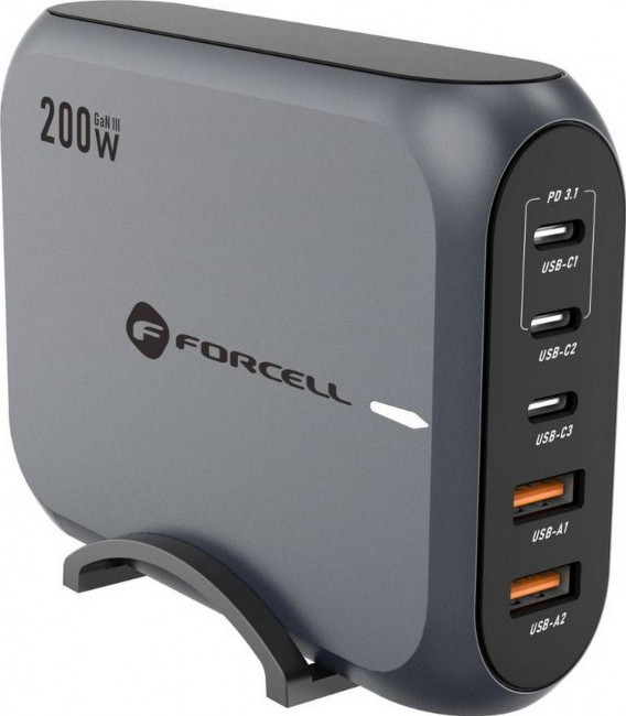 FORCELL F-ENERGY GaN III VT-51 Charger desk 3 x Typ C + 2 x USB A PD QC4.0 SFC2.0 5A 200W Grey