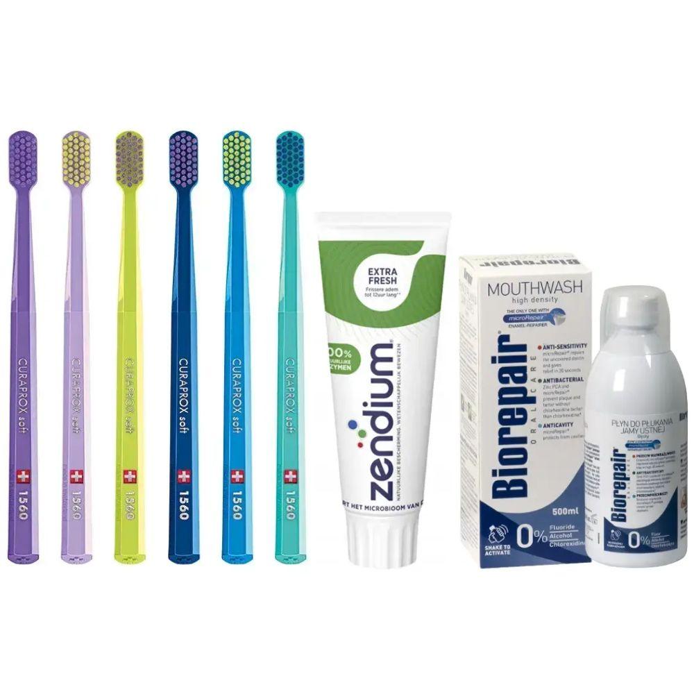 Зубна щітка Curaprox CS 1560 Soft для чутливих ясен + паста Zendium Extra Fresh + ополіскувач BIOREPAIR "Відновлення емалі"