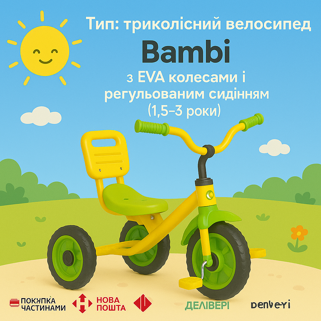 Триколісний дитячий велосипед Bambi з EVA колесами та регульованим сидінням (1,5–3 роки), фото 1