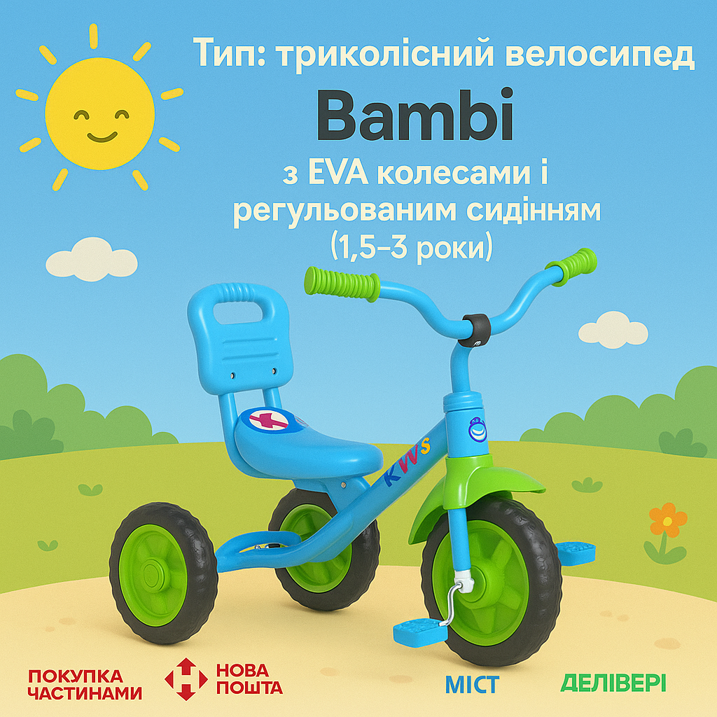 Триколісний дитячий велосипед Bambi з EVA колесами та регульованим сидінням (1,5–3 роки), фото 1