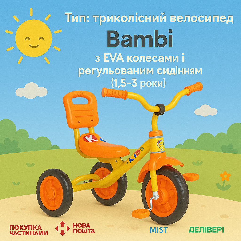 Триколісний дитячий велосипед Bambi з EVA колесами та регульованим сидінням (1,5–3 роки), фото 1