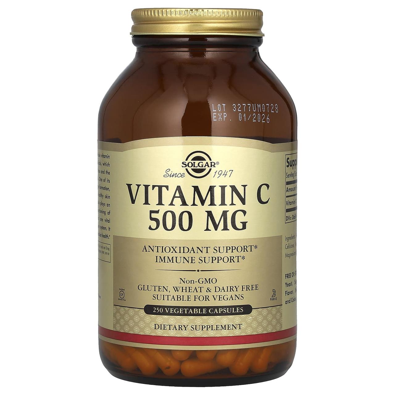 Вітамін С, Vitamin C, Solgar, 500 мг, 250 рослинних капсул