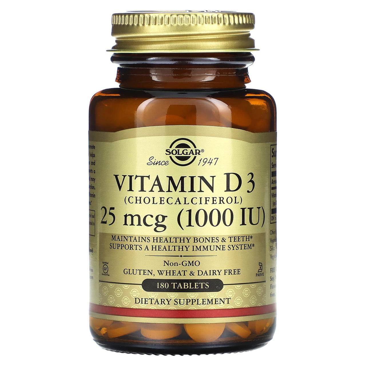 Вітамін D3 (холекальциферол), Vitamin D3, Solgar, 25 мкг (1000 МО), 180 таблеток