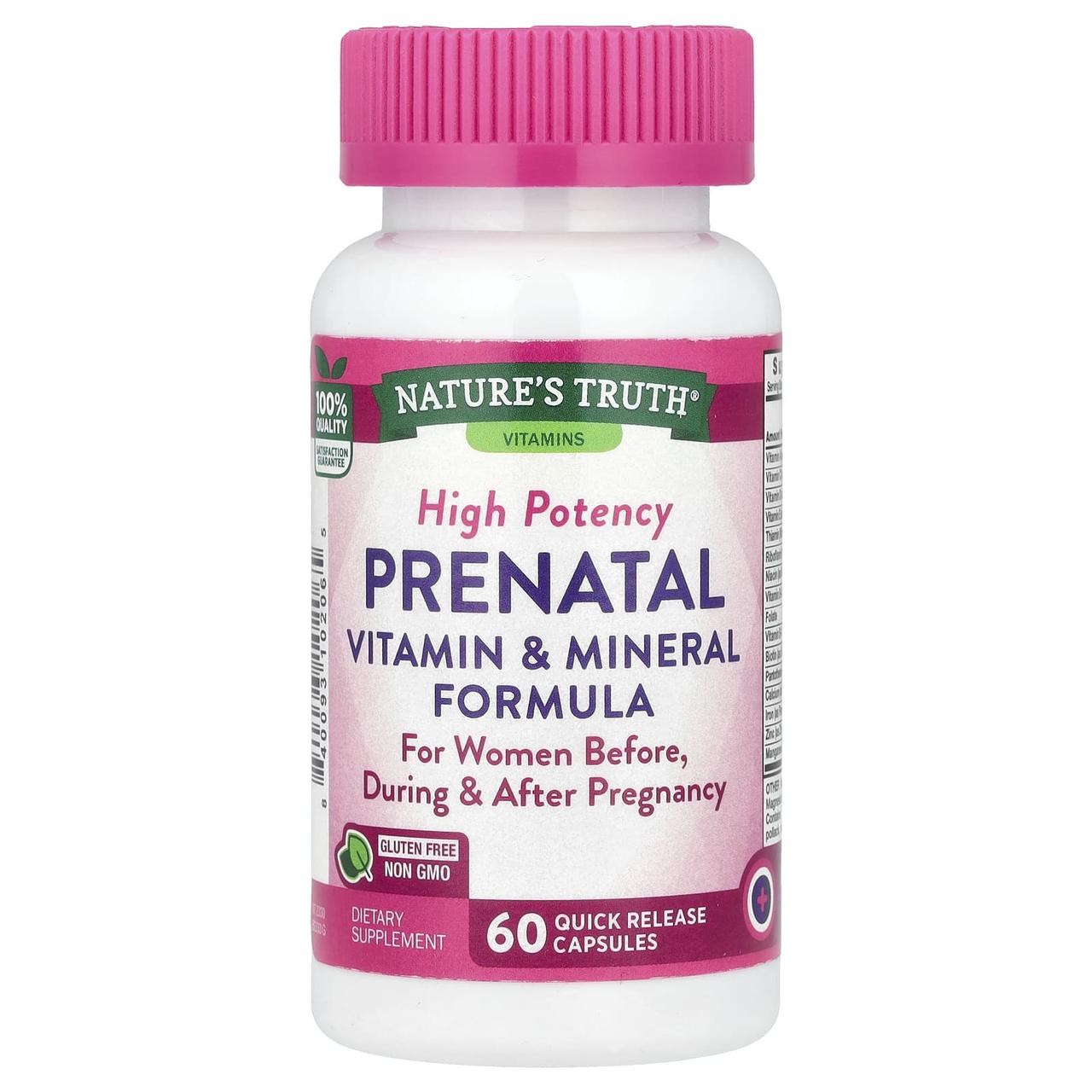 Вітаміни та мінералі пренатальні, Prenatal Vitamin & Mineral Formula, Nature's Truth, високоефективна формула, 60 капсул швидкого