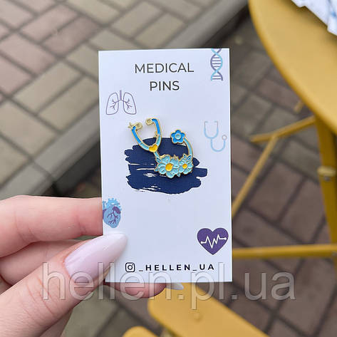 Брошка  "Фонендоскоп з квітами незабудки", фото 1