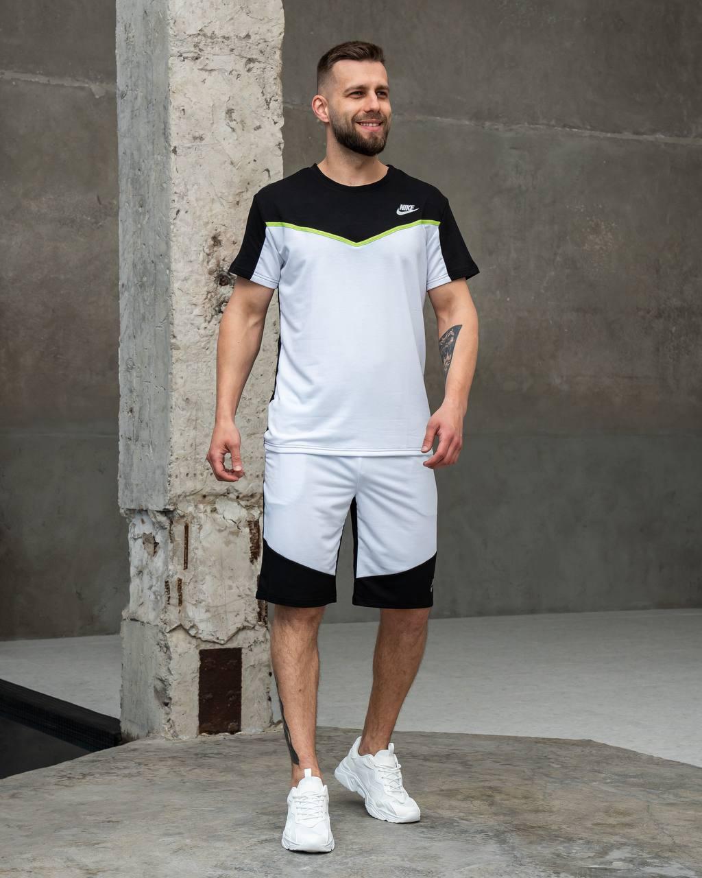 Чоловічий літній костюм Nike Tech Футболка + Шорти білий з чорним Найк Теч на літо