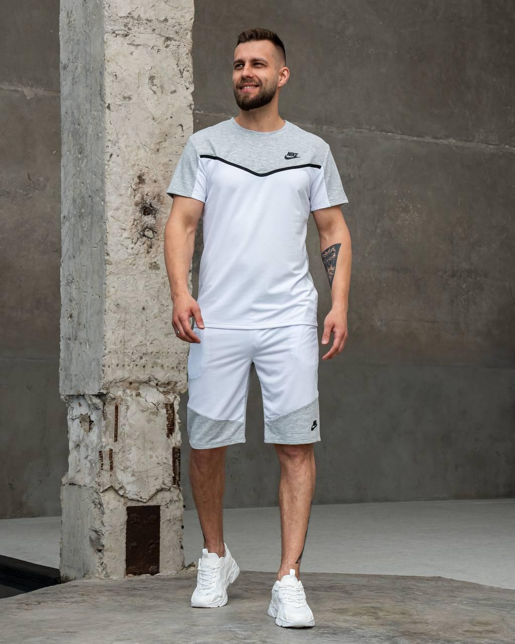 Чоловічий літній костюм Nike Tech Футболка + Шорти білий з сірим Найк Теч на літо