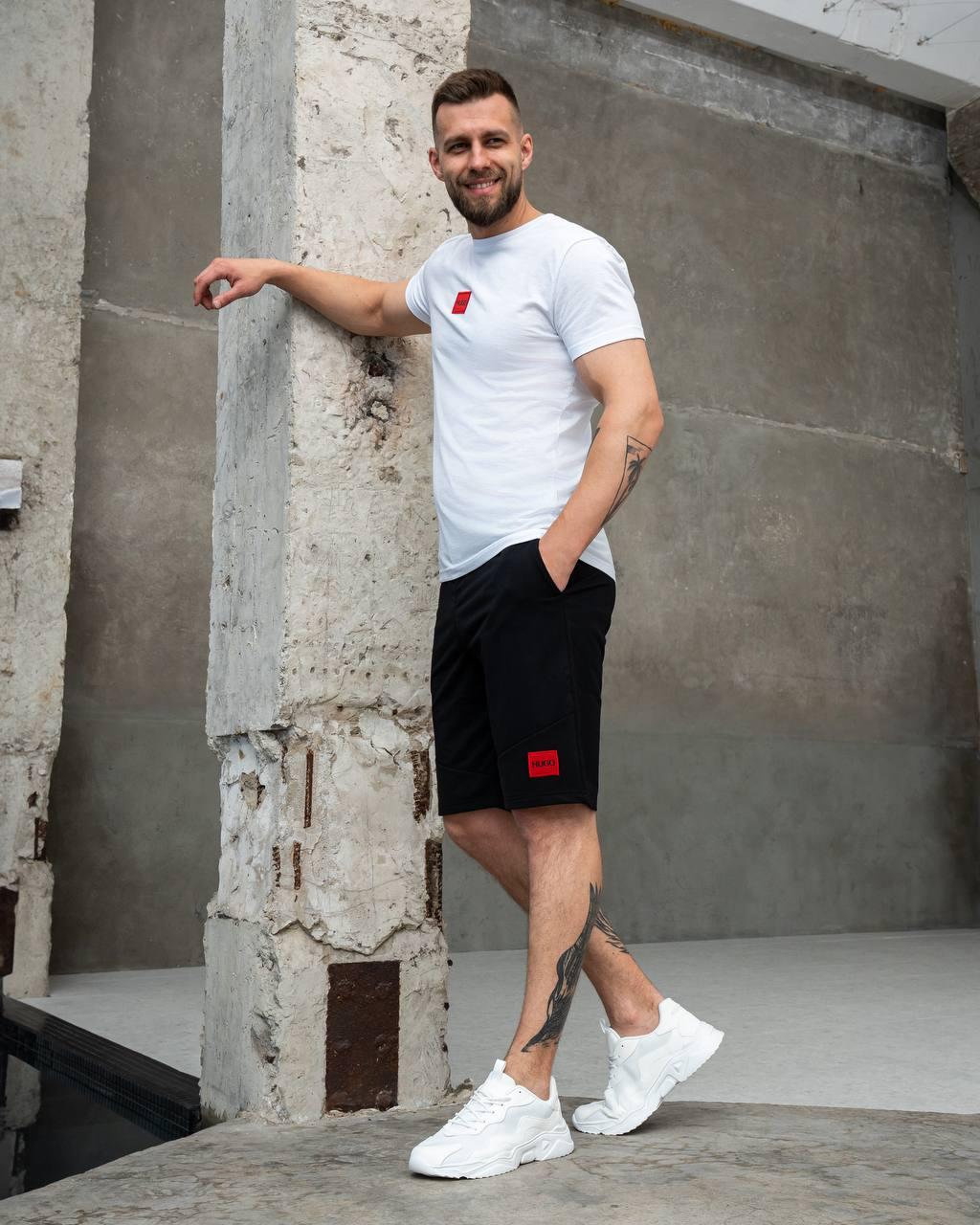 Чоловічий літній костюм Hugo Boss Футболка + Шорти білий з чорним Хьюго Босс на літо