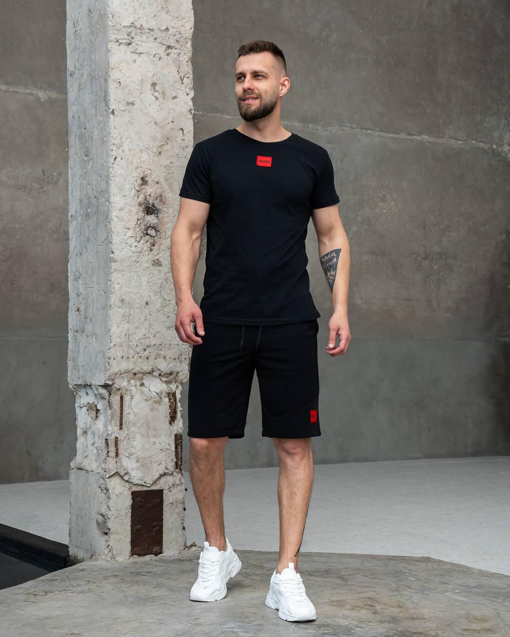 Чоловічий літній костюм Hugo Boss Футболка + Шорти чорний Хьюго Босс на літо