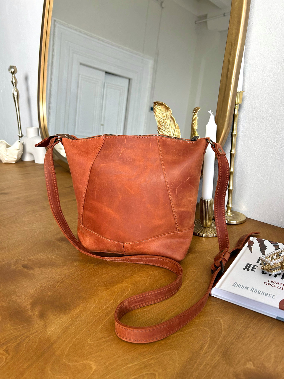 Шоппер Діамант Вінтажна шкіра колір коричневий, відтінок Коньяк