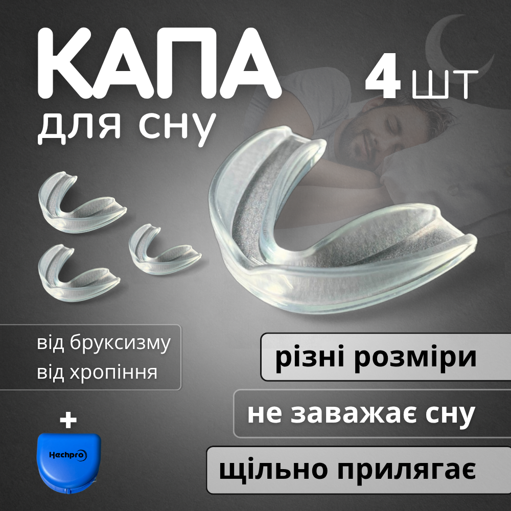 Капа для сна, капа від хропіння, зубна капа для сну 4 шт 2 розміри Hechpro (ANTHR), фото 1