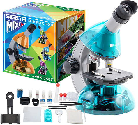 Sigeta Mixi 40x-640x Blue | Дитячий мікроскоп з набором готових слайдів, інструментів і адаптером для смартфону, фото 1
