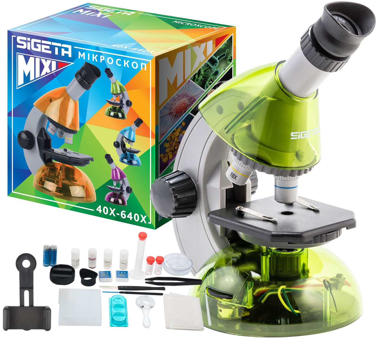 Sigeta Mixi 40x-640x Green | Дитячий мікроскоп з набором готових слайдів, інструментів і адаптером для смартфону