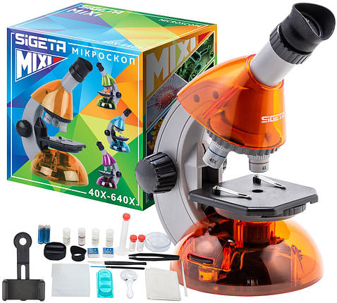 Sigeta Mixi 40x-640x Orange | Дитячий мікроскоп з набором готових слайдів, інструментів і адаптером для смартфону, фото 1