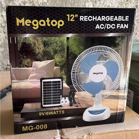 Портативний вентилятор Megatop MG008 (12", сонячна панель, 2 LED-лампи, 2 швидкості, автоповернення, 6 Вт, USB YU227, фото 1