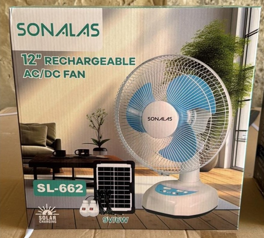 Портативний вентилятор SONALAS SL662 (12", сонячна панель, 2 LED-лампи, 2 швидкості, авто обертання, 6 Вт, USB, YU227