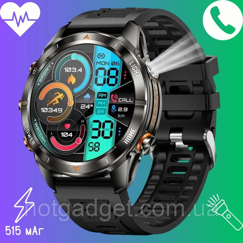 Смарт-годинник LEMFO KT80 Black (дзвінки, пульсоксиметр, ліхтарик, українське меню) 515мАг