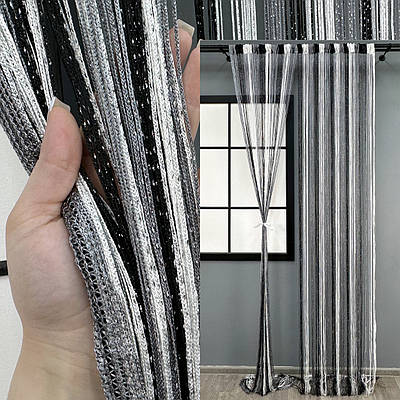 Штори-нитки (1 шт. 3х3 м.) з люрексом. Колір графітовий з чорним і білим. Код 61-102
