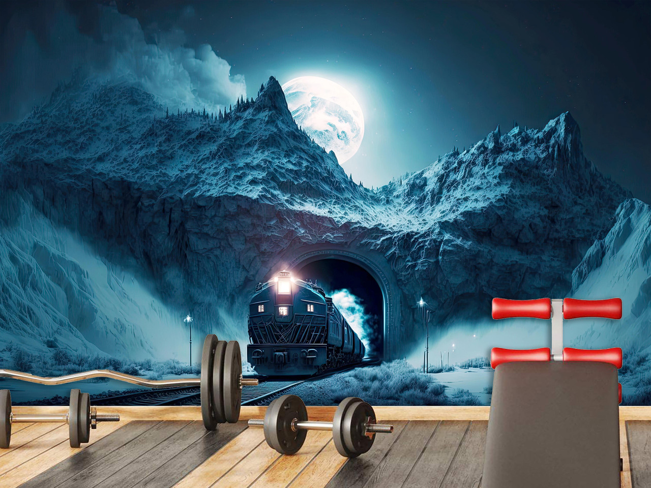 Самоклеючі шпалери Oracal на всю стіну дизайн для спальні, вітальні "Полярний експрес в тунелі серед гір", фото 1