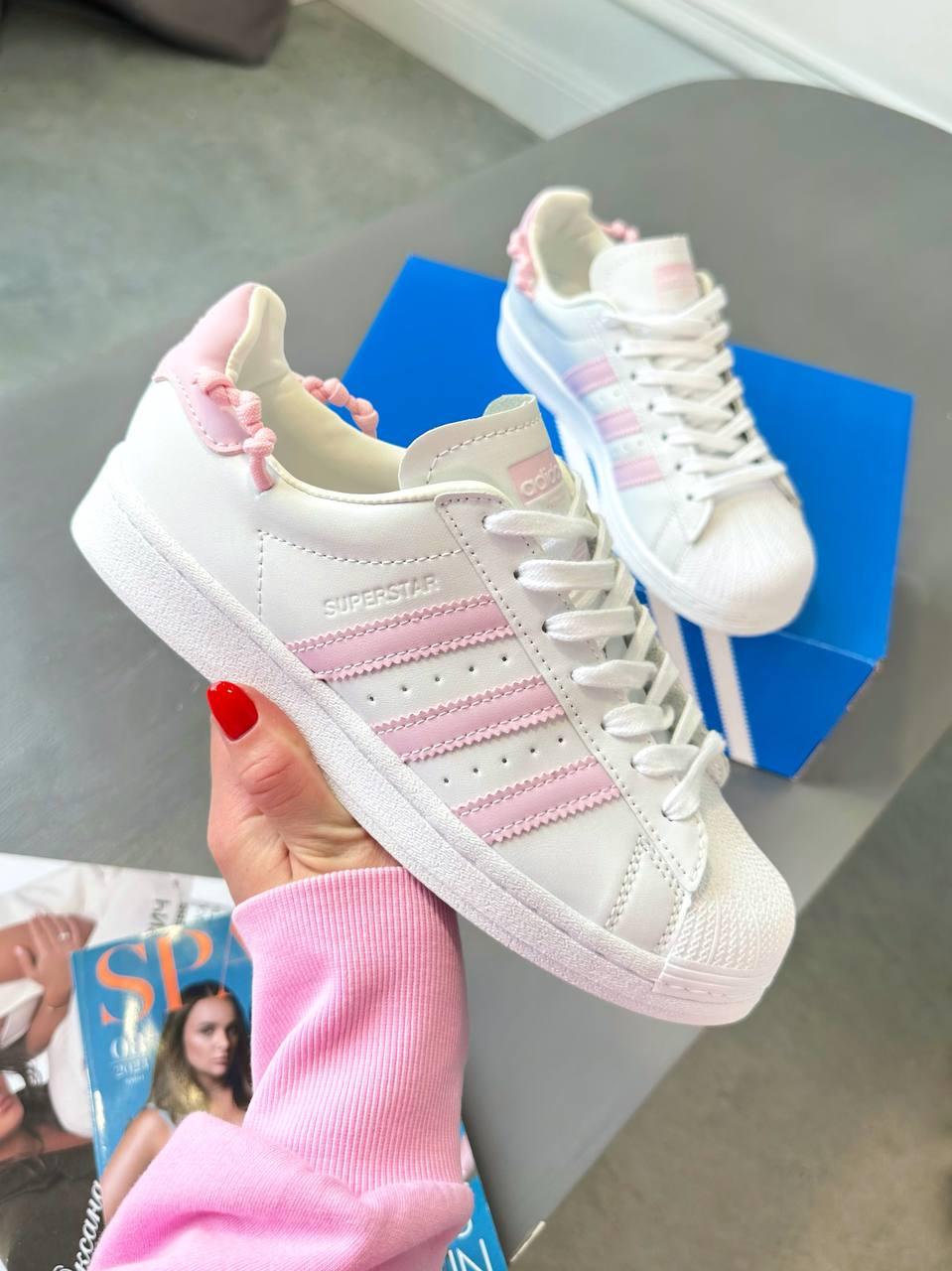Жіночі кросівки Adidas Superstar White Pink Knotted Rope Адідас Суперстар білі з рожевим шкіра демісезон