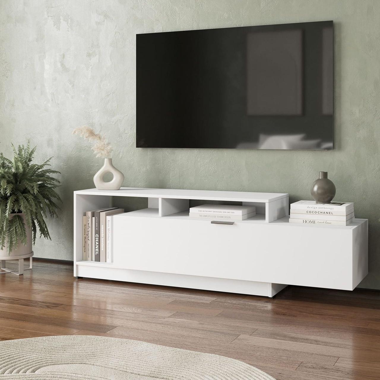 Тумба під телевізор підлогова однодверна з 3 полицями Стильні тумбочки під телевізор у вітальню шириною 160 см, фото 1