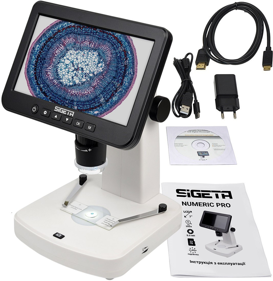 Відеомікроскоп Sigeta Numeric Pro 10x-300x 5 MP 7" LCD | Цифровий, з екраном, USB-підключення | Для навчання, роботи, досліджень