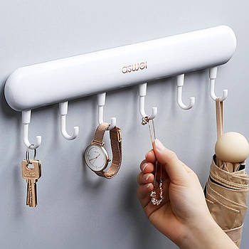 Настінна вішалка на 6 гачків, на клейкій основі, 40х9,5см / Універсальна вішалка з гачками