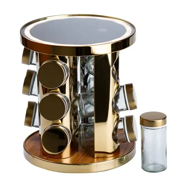 Набір баночок для спецій 12 баночок по 100 мл на підставці з дзеркалом та LED-підсвіткою, фото 1
