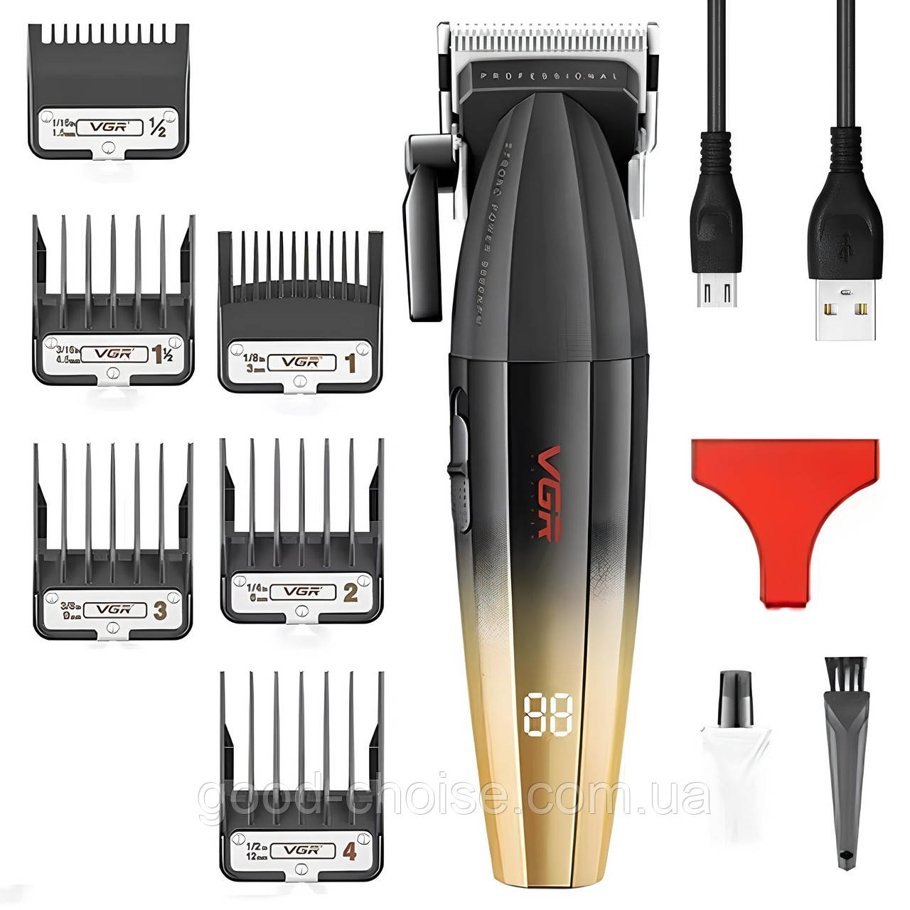 Акумуляторна машинка для стрижки + 6 насадок, з USB, V003 / Тример для стрижки волосся / Тример для бороди, фото 1