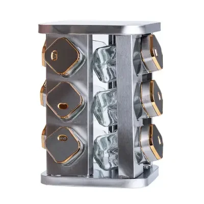 Набір ємностей для спецій 12 баночок по 100 мл на металевій підставці хром із золотом, фото 1