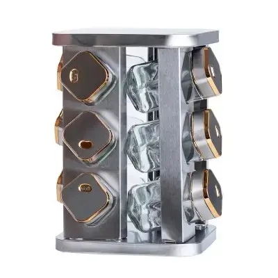 Набір ємностей для спецій 12 баночок по 100 мл на металевій підставці хром із золотом