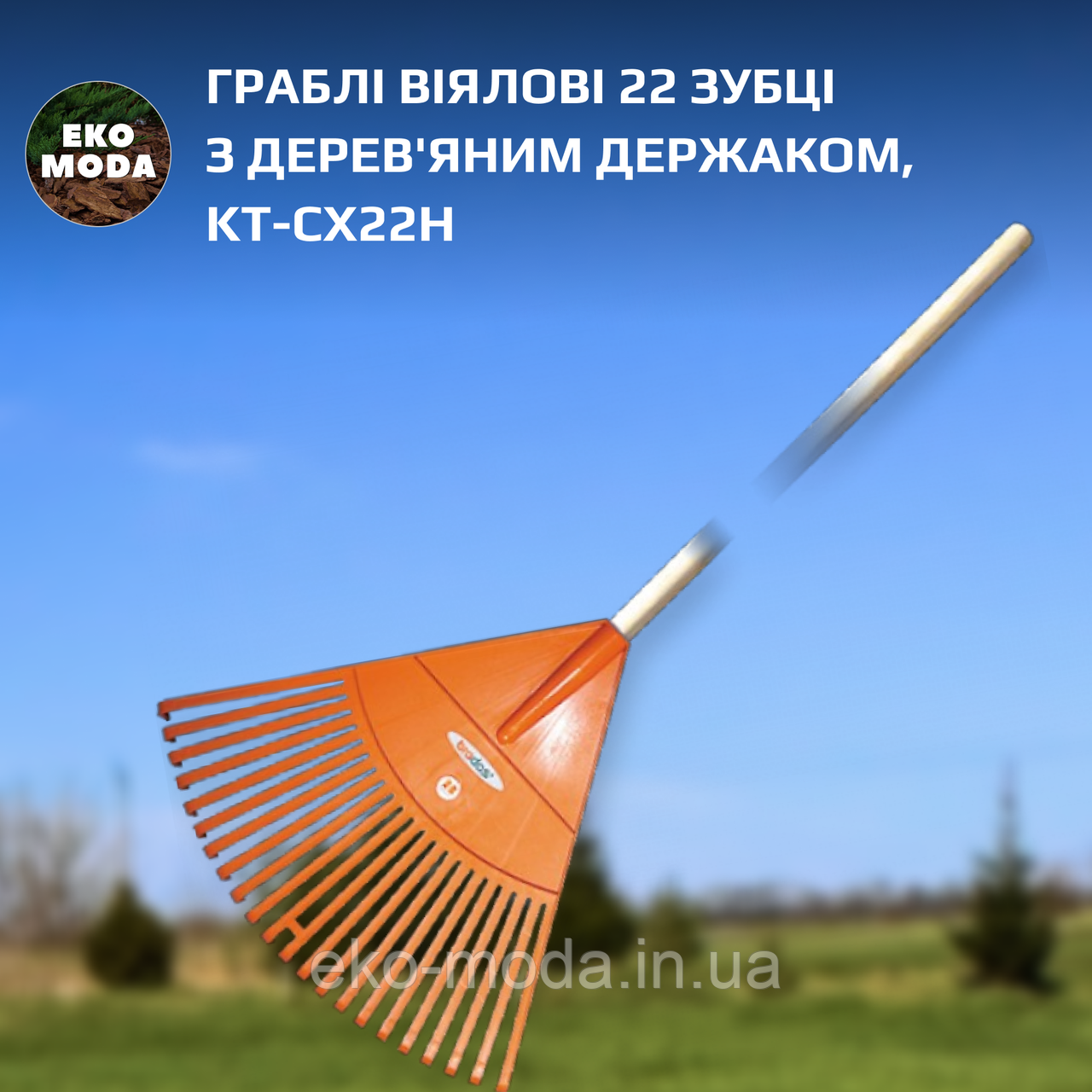 Граблі віялові 22 зубці з дерев'яним держаком, KT-CX22H