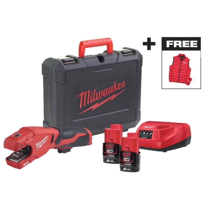 Труборіз акумуляторний по нержавіючій сталі MILWAUKEE M12 PCSSMC-202C + жилет, (+ заряд.пристрій, 2 акум., HD кейс) 4933499464