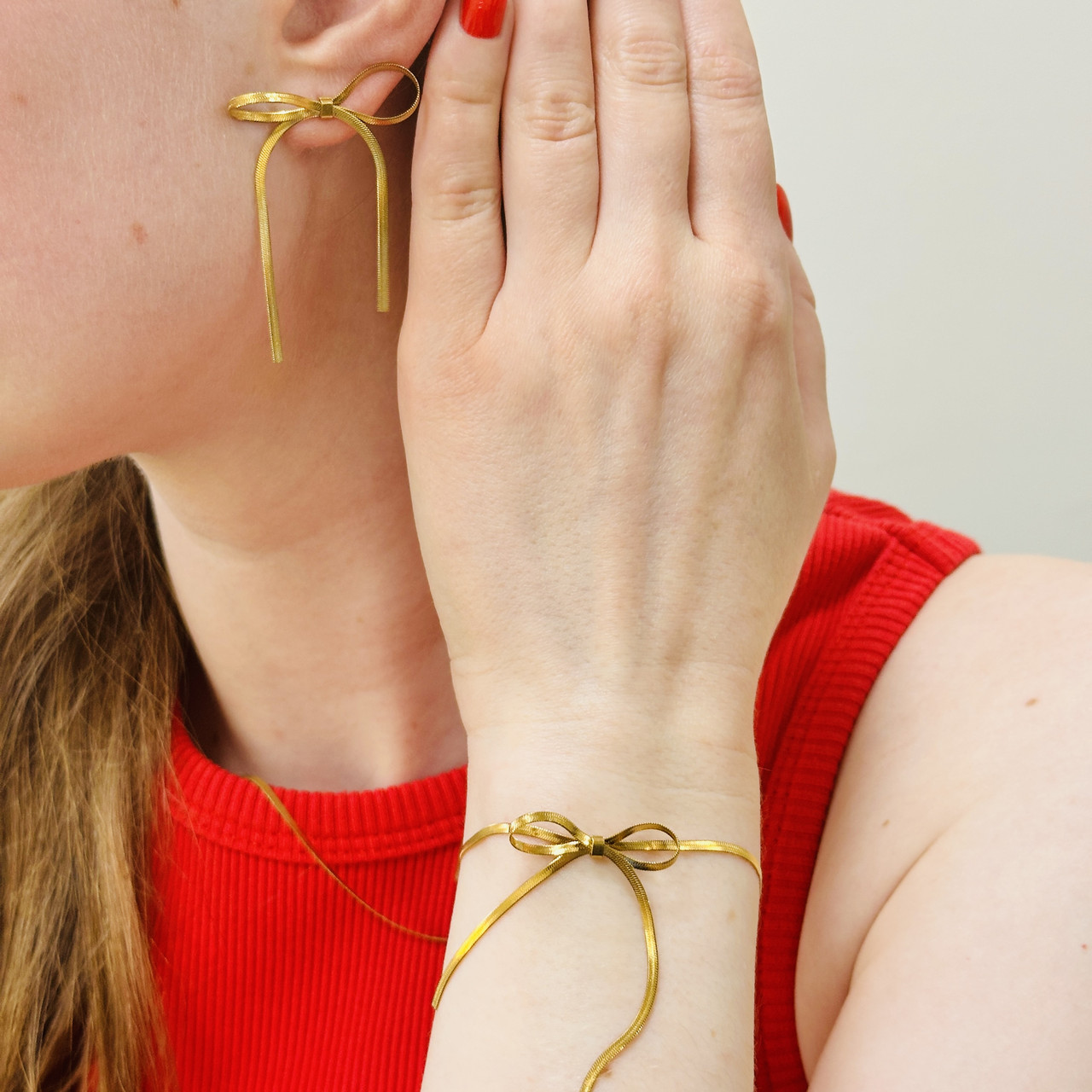 Комплект прикрас Бантики Сережки і Браслет Біжутерія з медичного золота Гіпоалергенні прикраси, фото 1