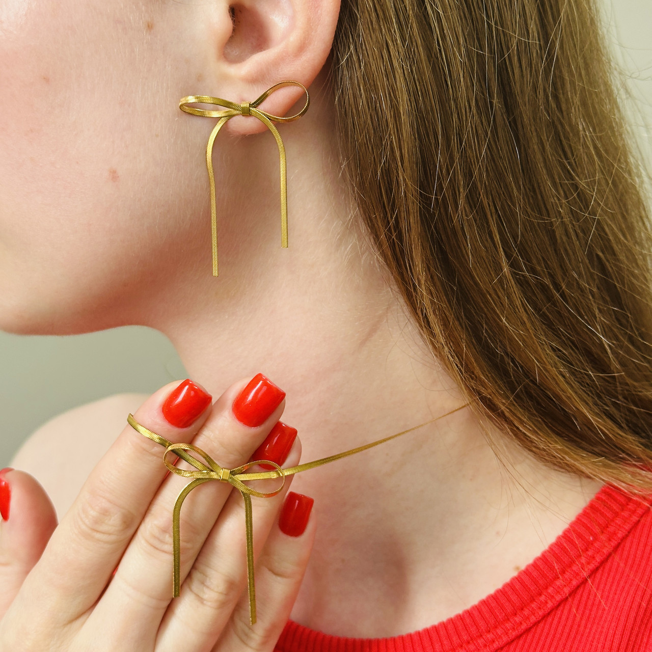 Комплект прикрас Бантики Ланцюжок і Сережки Біжутерія з медичного золота Гіпоалергенні прикраси, фото 1