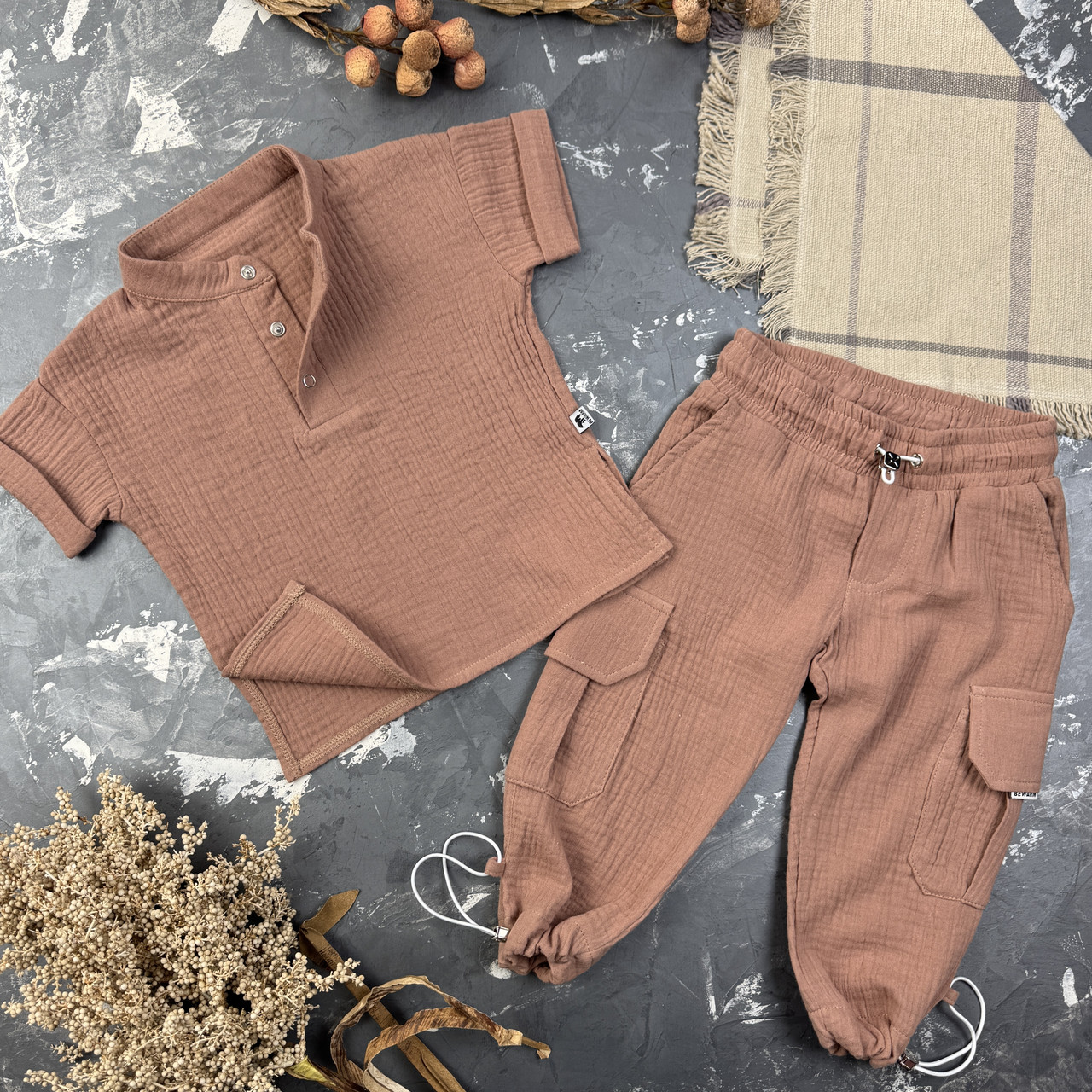 Мусліновий літній костюм дитячий muslin cotton BEWARM штани + футболка Шоколад