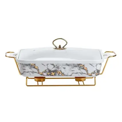 Мармітниця керамічна прямокутна 2 л зі скляною кришкою мармур