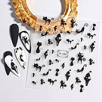 3D наклейки для нігтів з підсвічуванням у темряві 2 аркуші (82 наклейки), котики, наклейки для манікюру, чорні