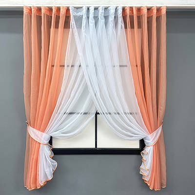 Кухонні шторки (400х170см.) з підв'язками. Колір персиковий з білим. Код 096к 52-1184