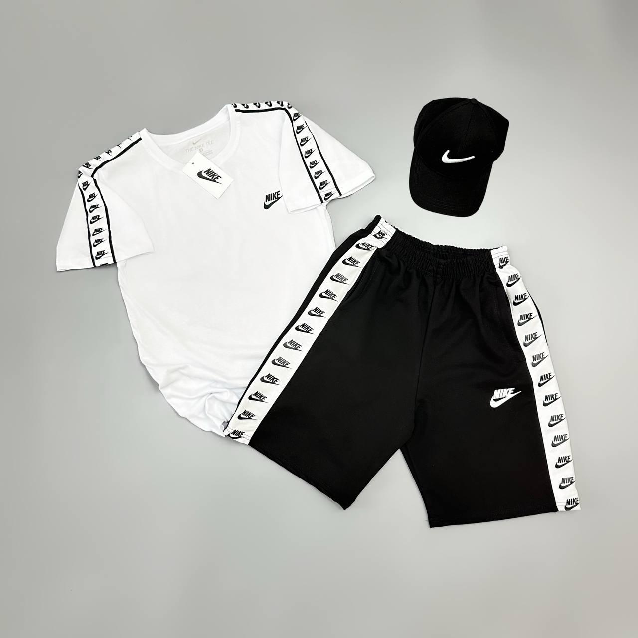 Чоловічий літній костюм Nike Футболка + Шорти + Кепка білий з чорним Комплект Найк із лампасами