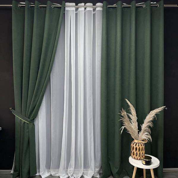 Комплект штор на люверсах з тюлем Штори на люверсах 200х270 + тюль 500х270 Штори з підхватами Колір зелений, фото 1