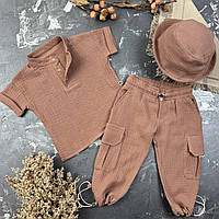 Мусліновий літній костюм дитячий muslin cotton BEWARM штани + футболка + панамка Шоколад