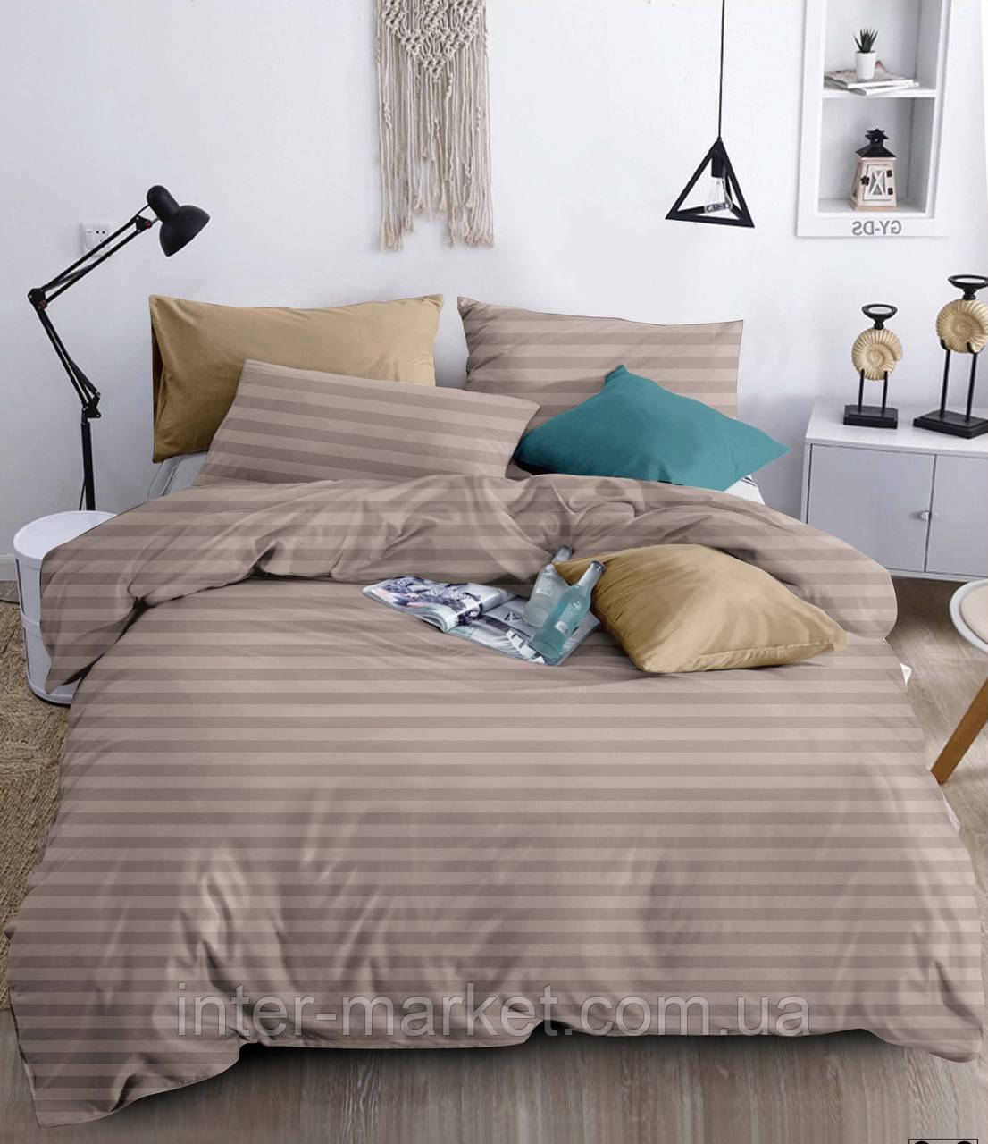 Двуспальний комплект постільної білизни Страйп Сатин LUX 180*220см. з простирадлом на резинці.