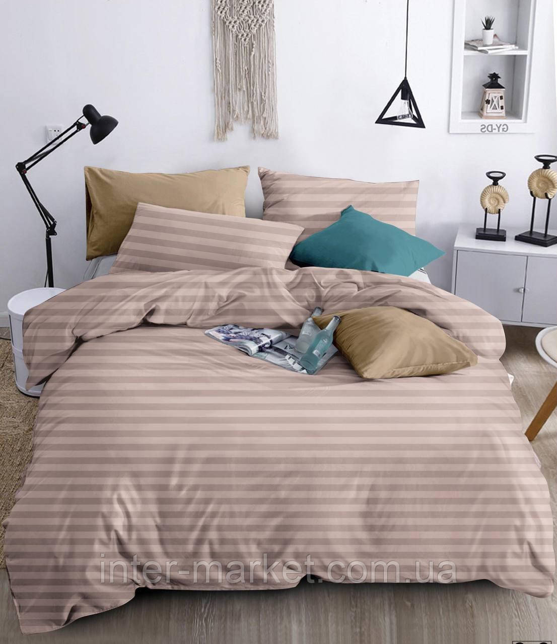 Двуспальний комплект постільної білизни Страйп Сатин LUX 180*220см. з простирадлом на резинці.